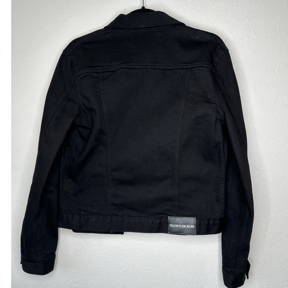 Calvin Klein Jet Black Denim Silver Button Front Collared Crop Jean Jacket M - Picture 6 of 11